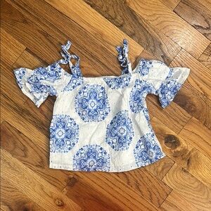 Janie and Jack Blue and White Smocked Blouse with Flutter Sleeves